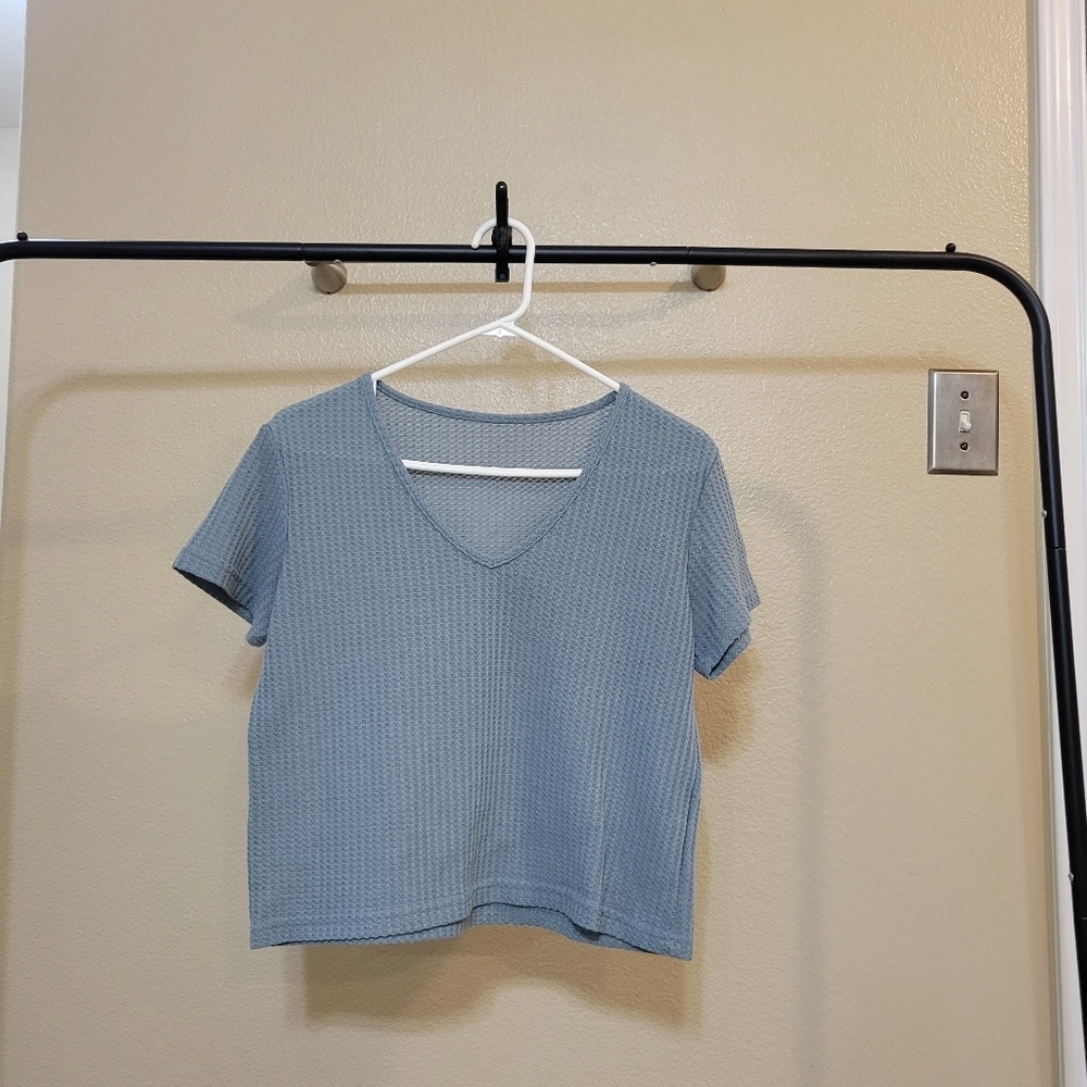 SHEIN Women Waffle Knit Boxy V Neck Solid Tee Size XS